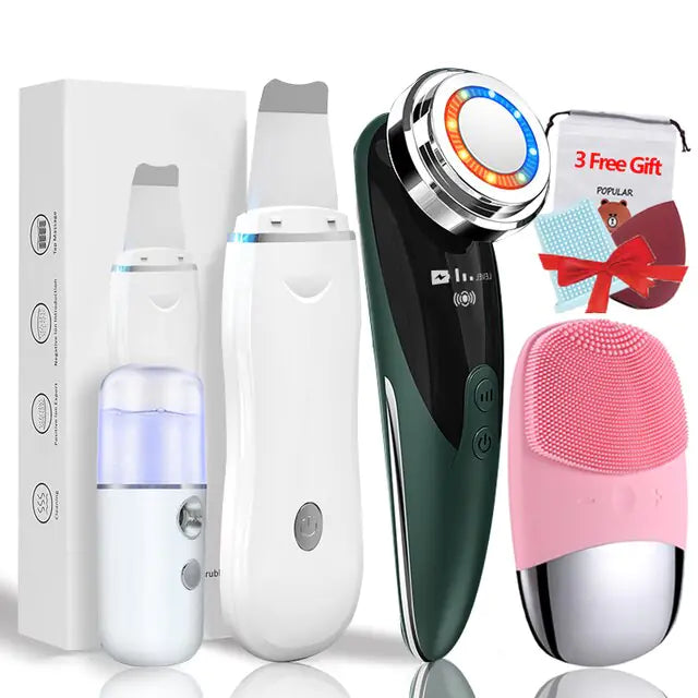 Ultrasonic Skin Scrubber KIT - Pore Cleaner Facial Ion Deep Face Cleaning Sonic Peeling Tools EMS Mesotherapy