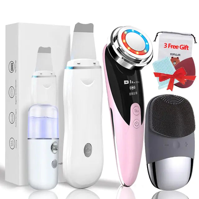 Ultrasonic Skin Scrubber KIT - Pore Cleaner Facial Ion Deep Face Cleaning Sonic Peeling Tools EMS Mesotherapy