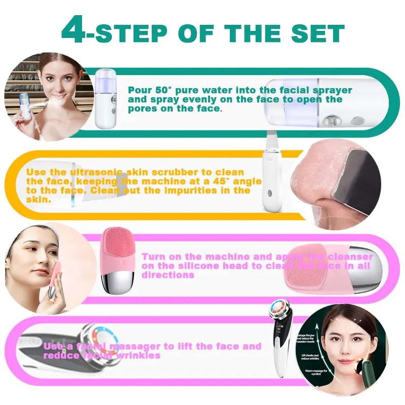 Ultrasonic Skin Scrubber KIT - Pore Cleaner Facial Ion Deep Face Cleaning Sonic Peeling Tools EMS Mesotherapy